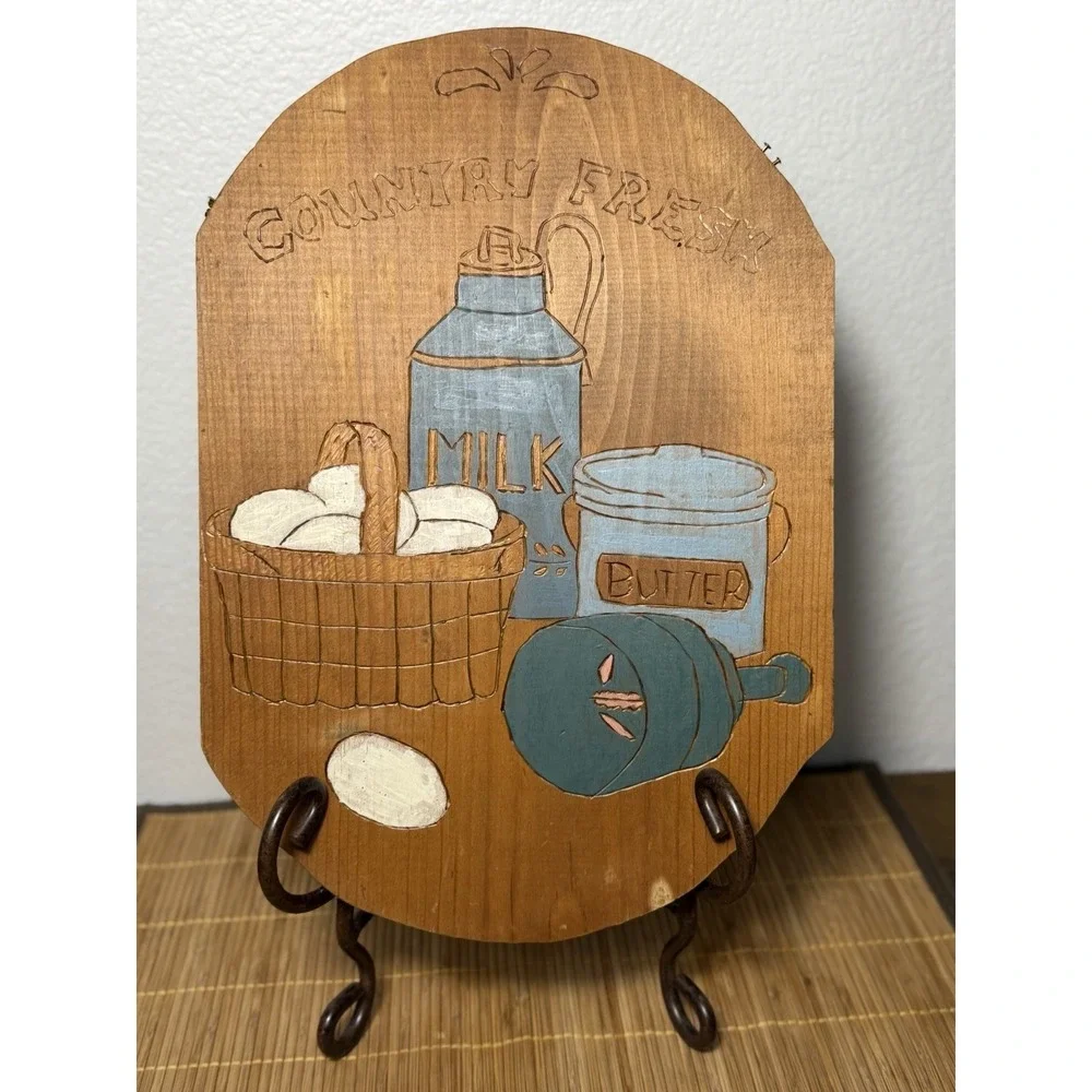 Vtg MCM Folk Art Grandma Country Wood Slab Milk Butter Handmade Wall Decor